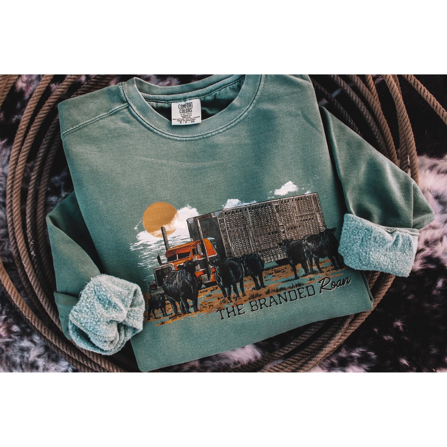 The Branded Roan Ranch Route Crewneck-Blue Spruce - Irvine Tack & Western Wear
