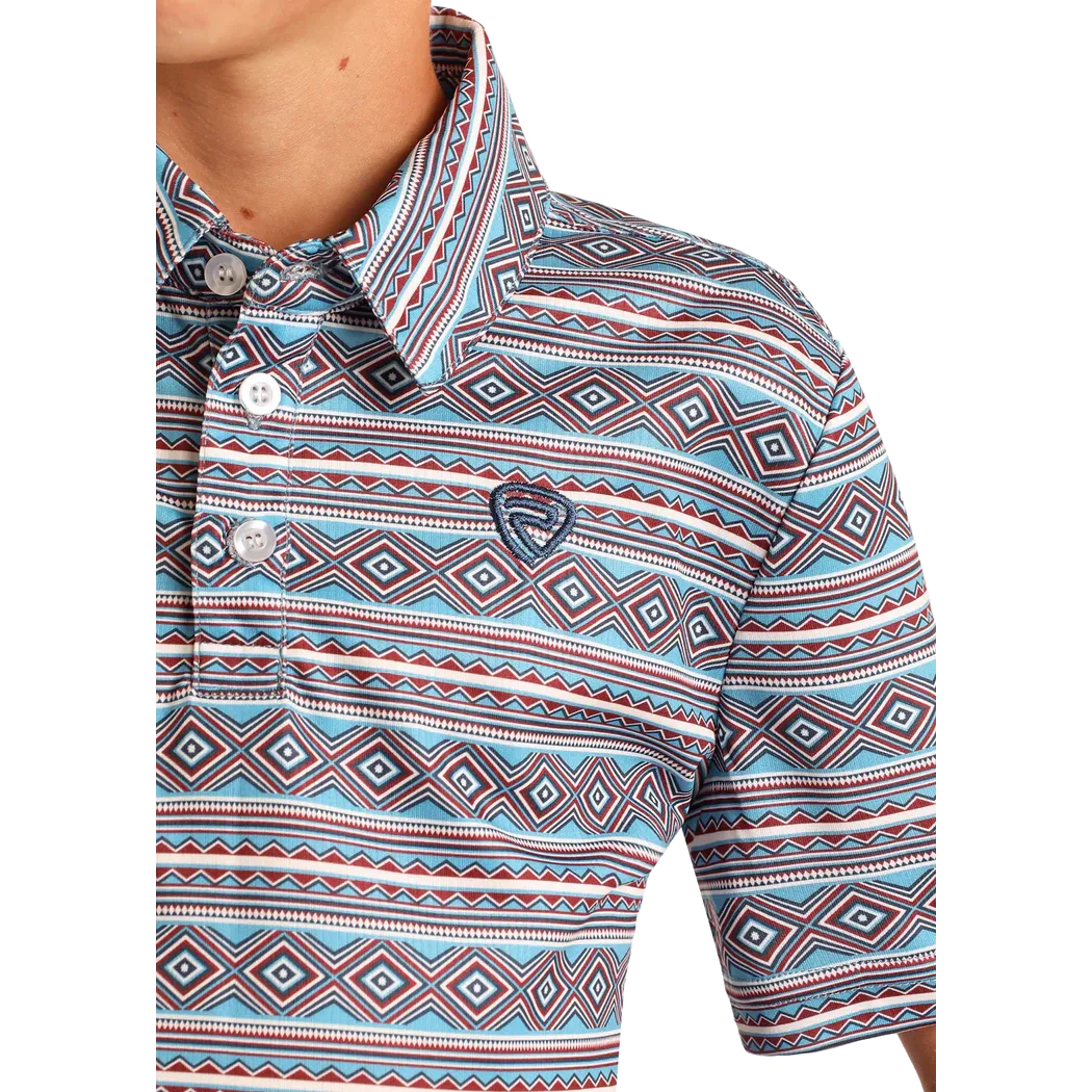 Rock & Roll Boy's Short Sleeve Diamond Aztec Printed Polo- Blue