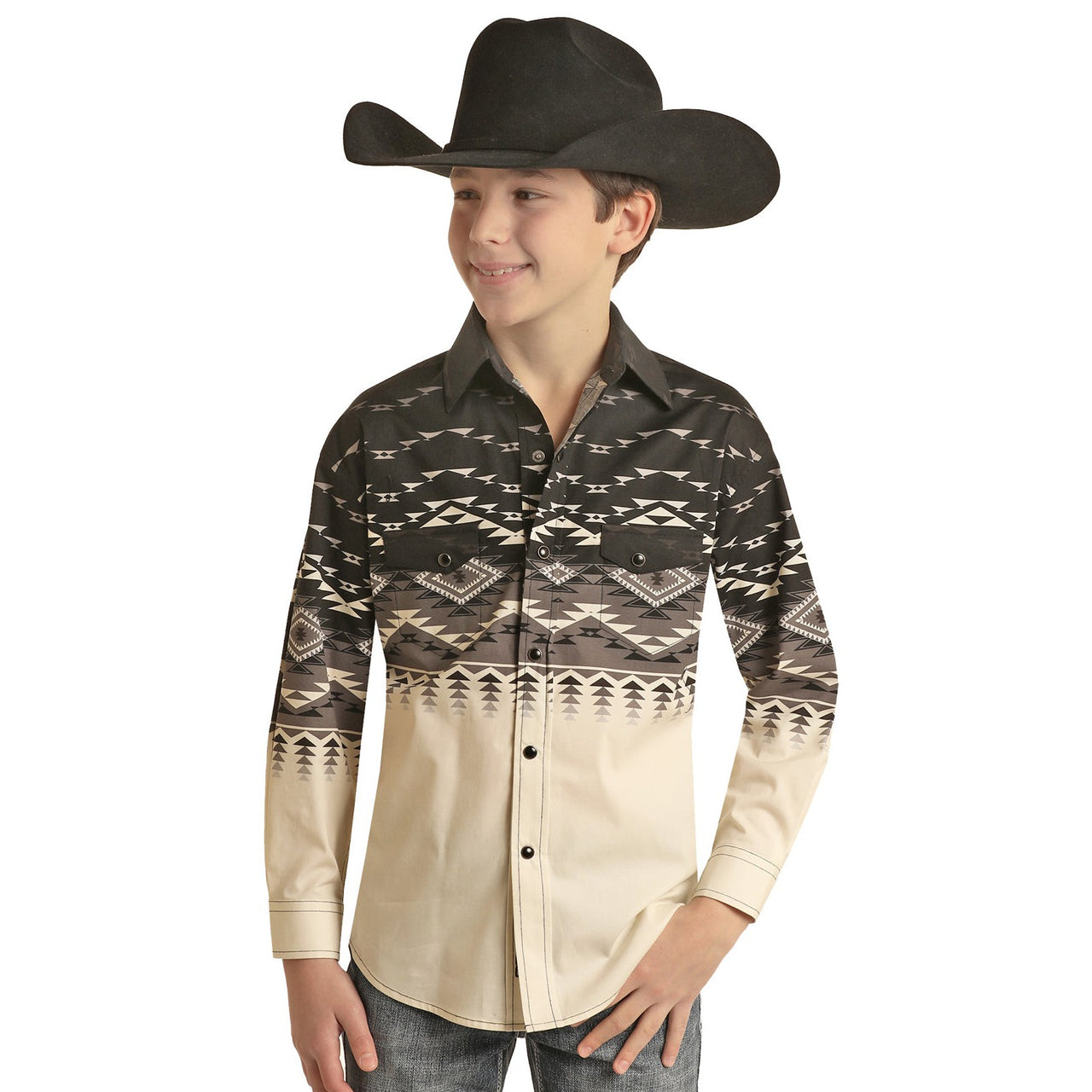 Rock & Roll Boy's Long Sleeve 2 Pocket Border Woven Snap Shirt - Black