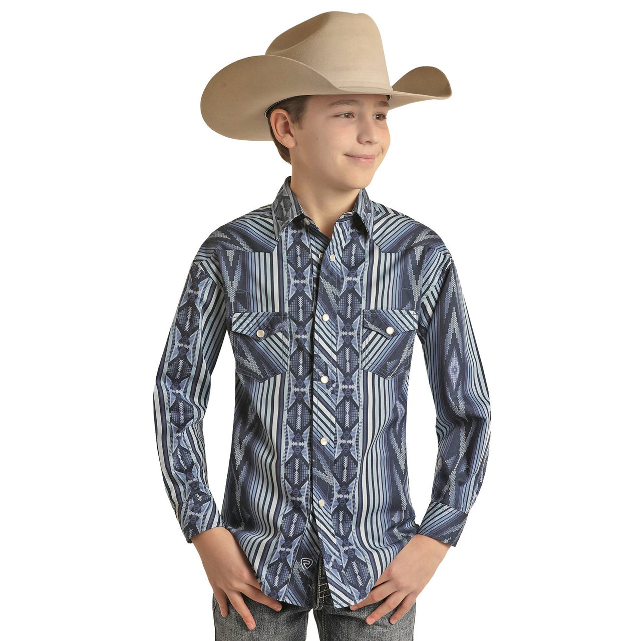 Rock & Roll Boy's  LS 2 Pocket Aztec Stripe Snap Shirt - Blue