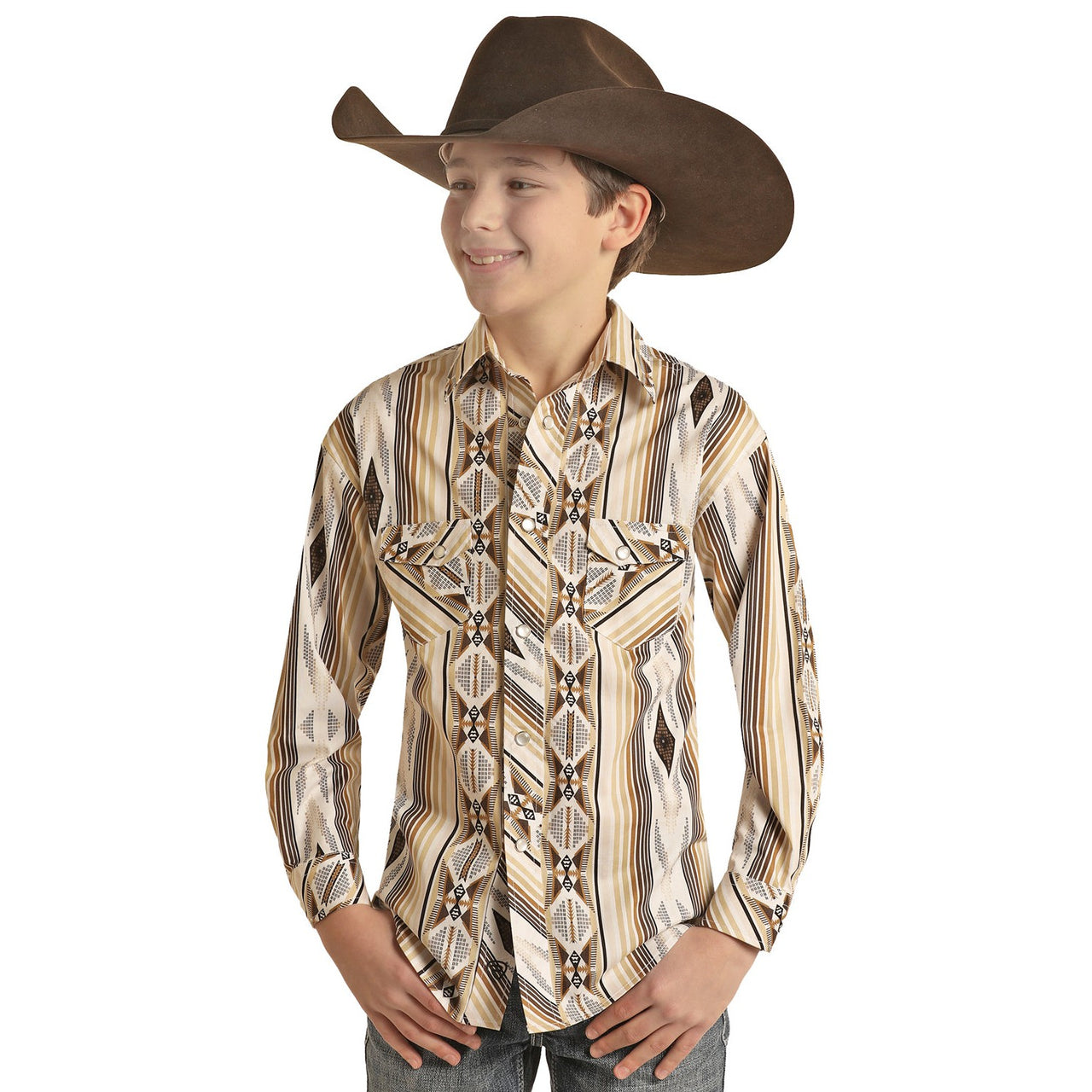 Rock & Roll Boy's  LS 2 Pocket Aztec Stripe Snap Shirt - Tan