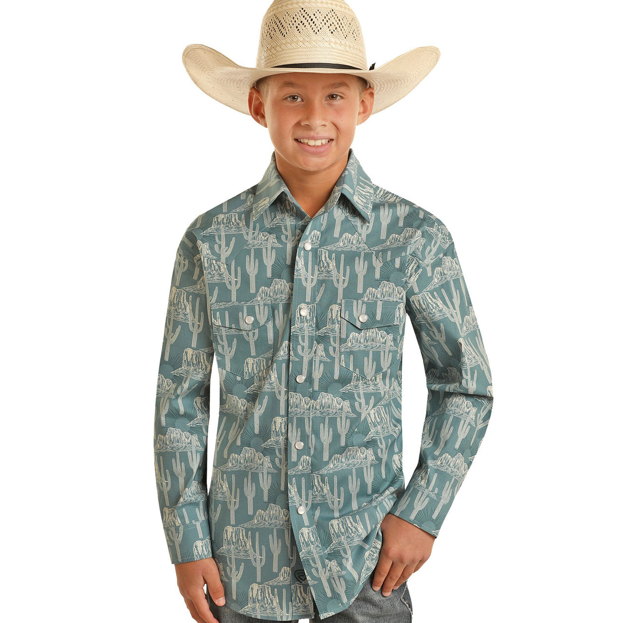 Rock & Roll Boy's Long Sleeve 2 Pocket Sunburst Snap Shirt - Turquoise