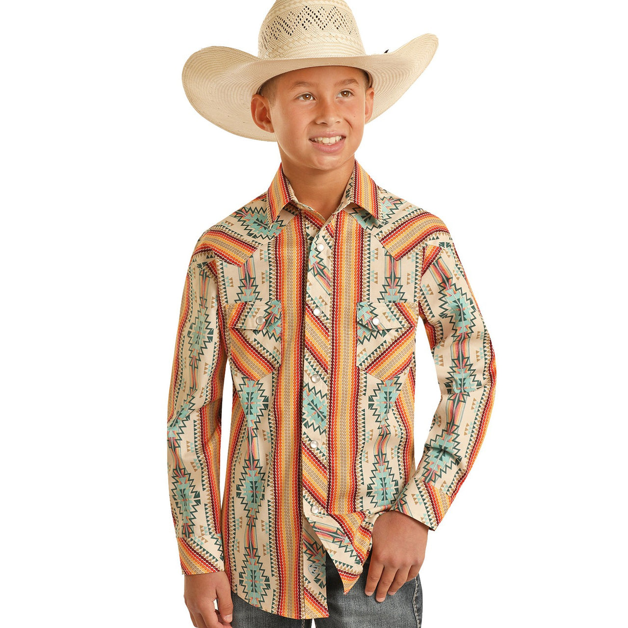 Rock & Roll Boy's Long Sleeve 2 Pocket Aztec Snap Shirt - Orange