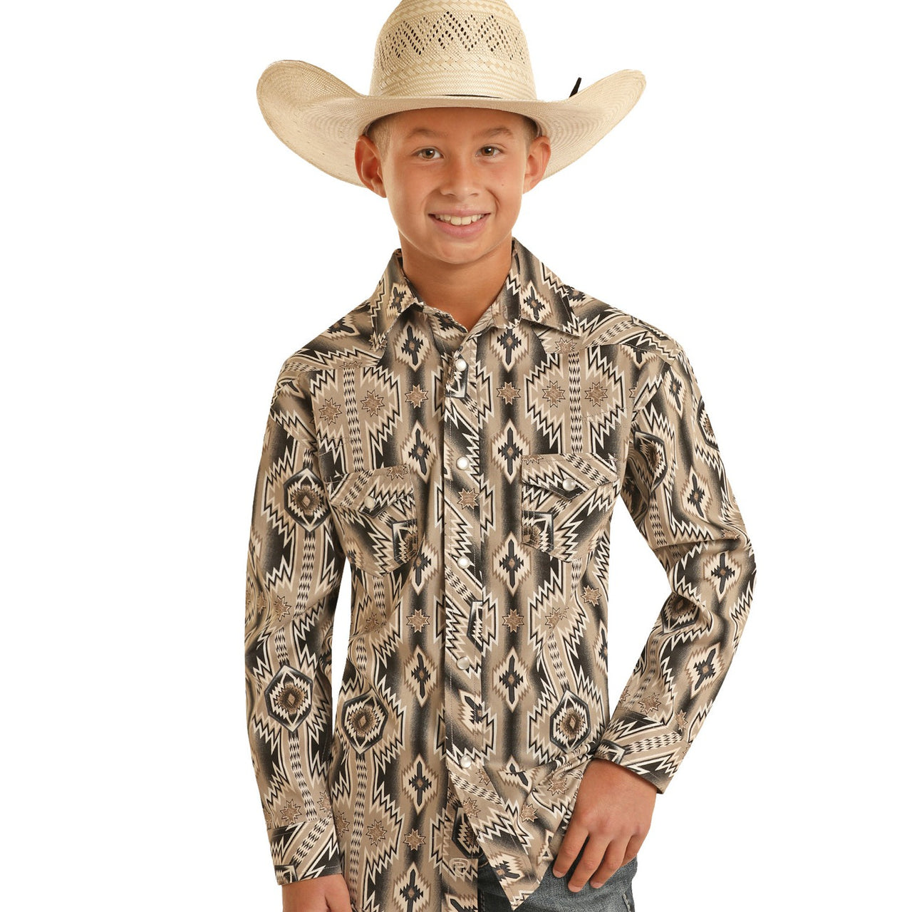 Rock & Roll Boy's Long Sleeve 2 Pocket Aztec Snap Shirt - Dark Brown