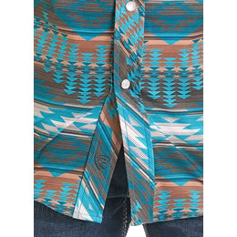 Rock & Roll Boy's Aztec Print Long Sleeve Snap Shirt - Turquoise