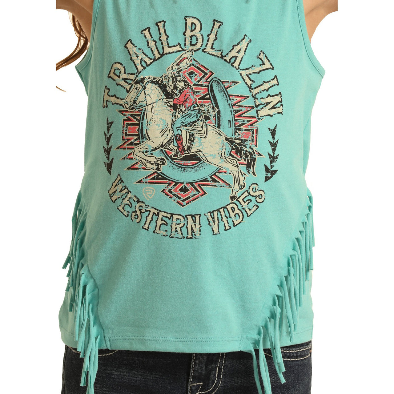 Rock & Roll Girl's Graphic Tank w/Fringe - Turquoise