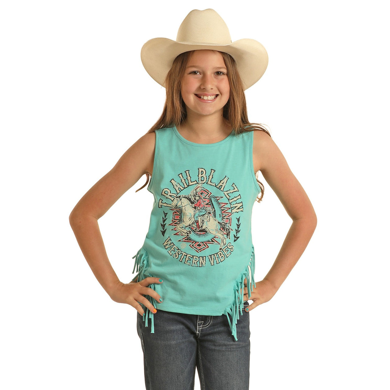 Rock & Roll Girl's Graphic Tank w/Fringe - Turquoise