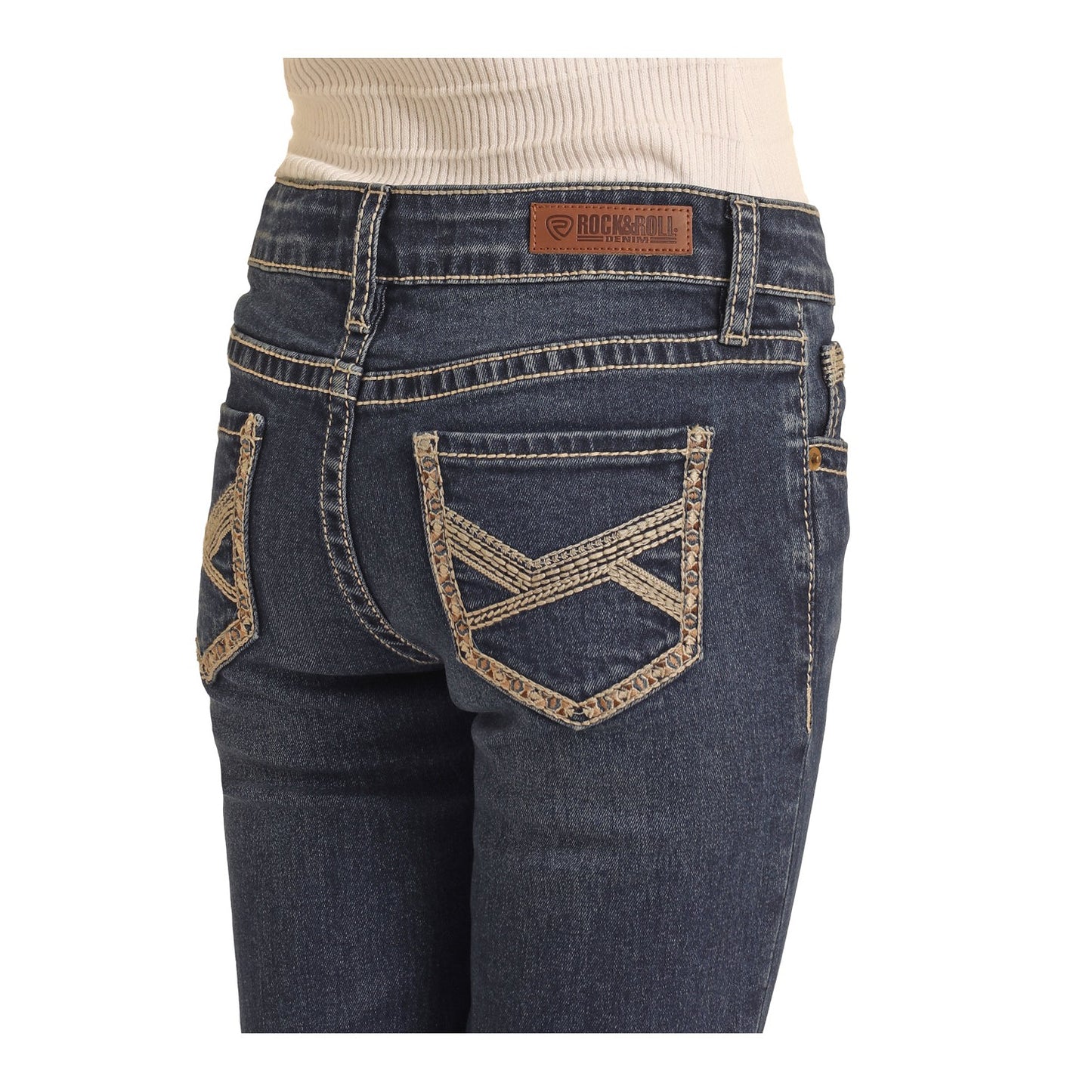 Rock & Roll Girl's Crossed Embroidered Bootcut Jeans - Dark Vintage Wash