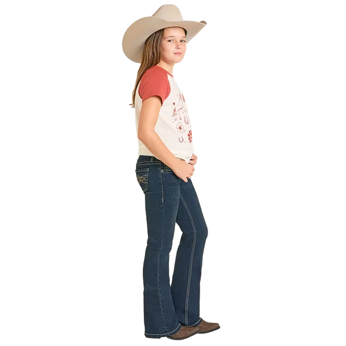 Rock & Roll Girl's Pleather Emb Bootcut Jeans - Dark Wash