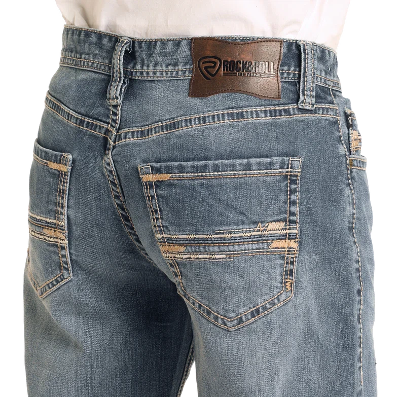 Rock & Roll Men's Relaxed Fit Straight Stitch Double Barrel Boot Jean- Medium Wash