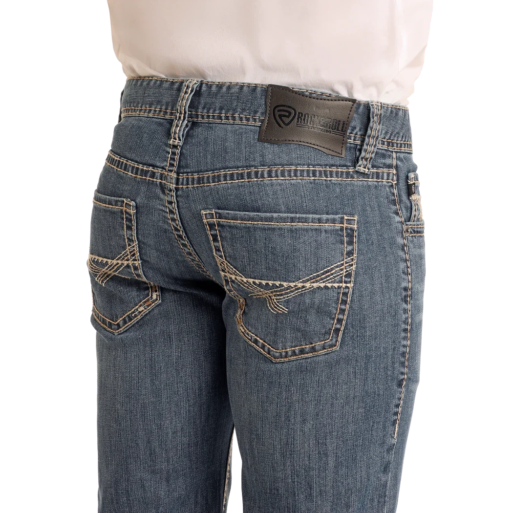 Rock & Roll Men's Regular Fit Cross Stitch Straight Let Jeans- Medium Wash