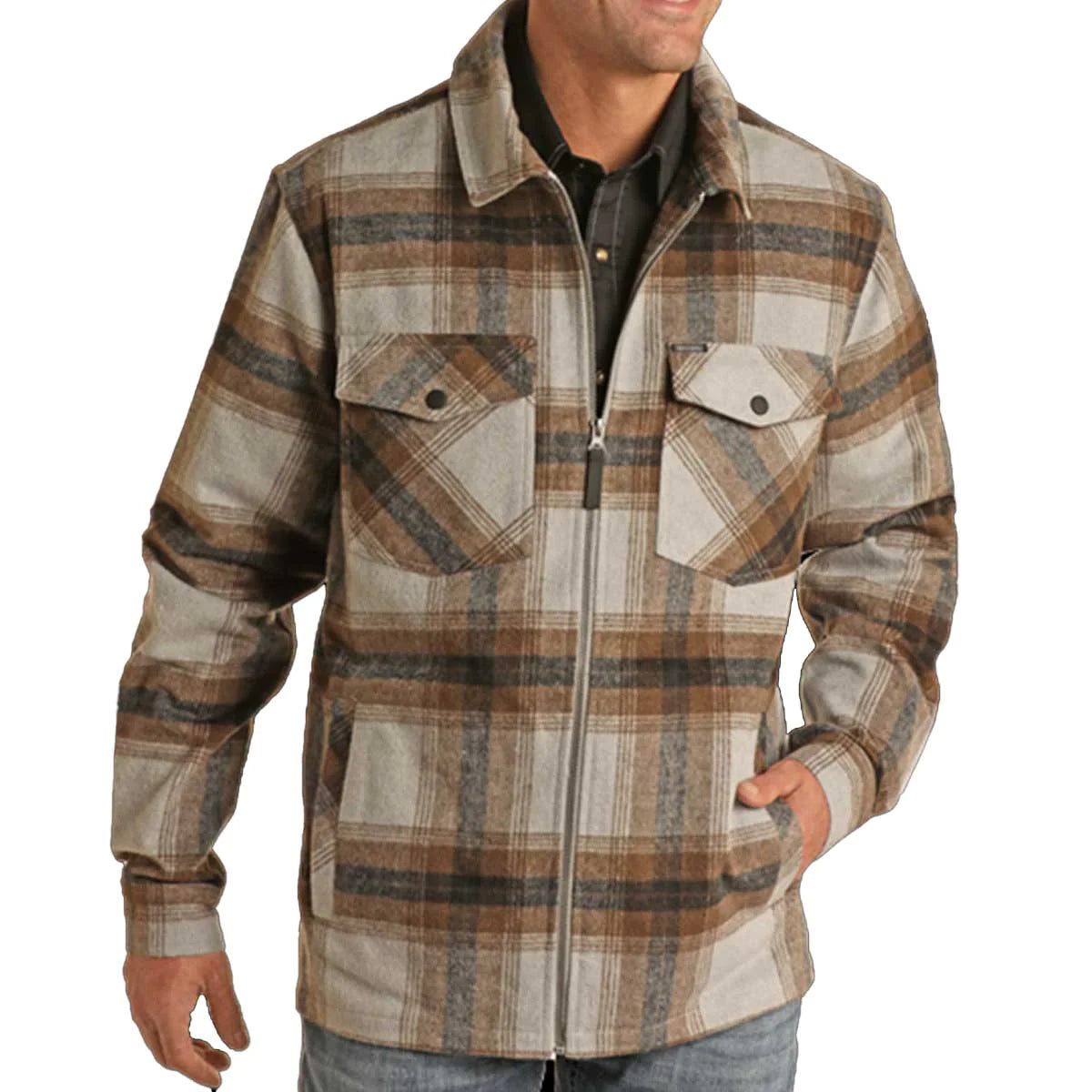 Rock & Roll Men's Plaid Full Zip Shirt Jacket - Grey