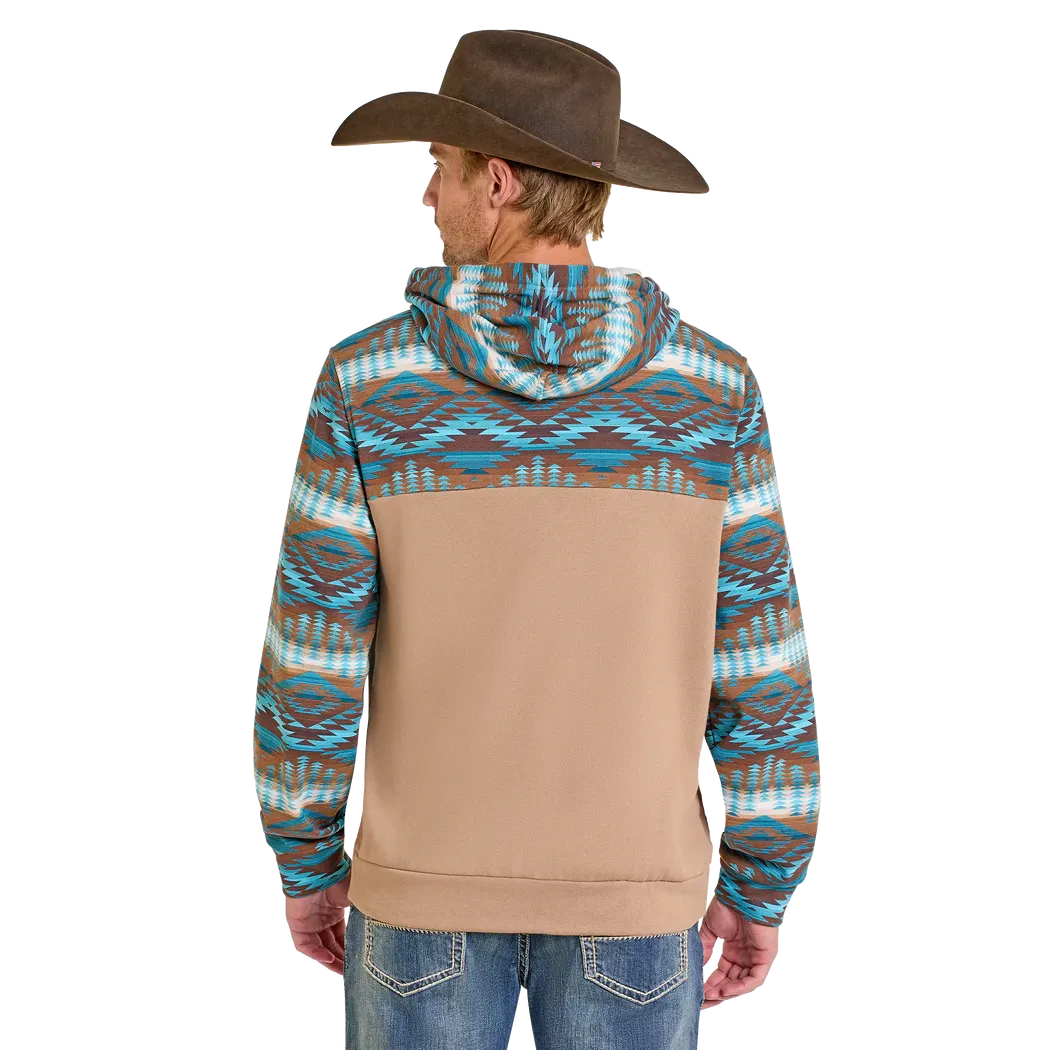 Rock & Roll Men's Aztec Color Block Henley Hoodie - Tan