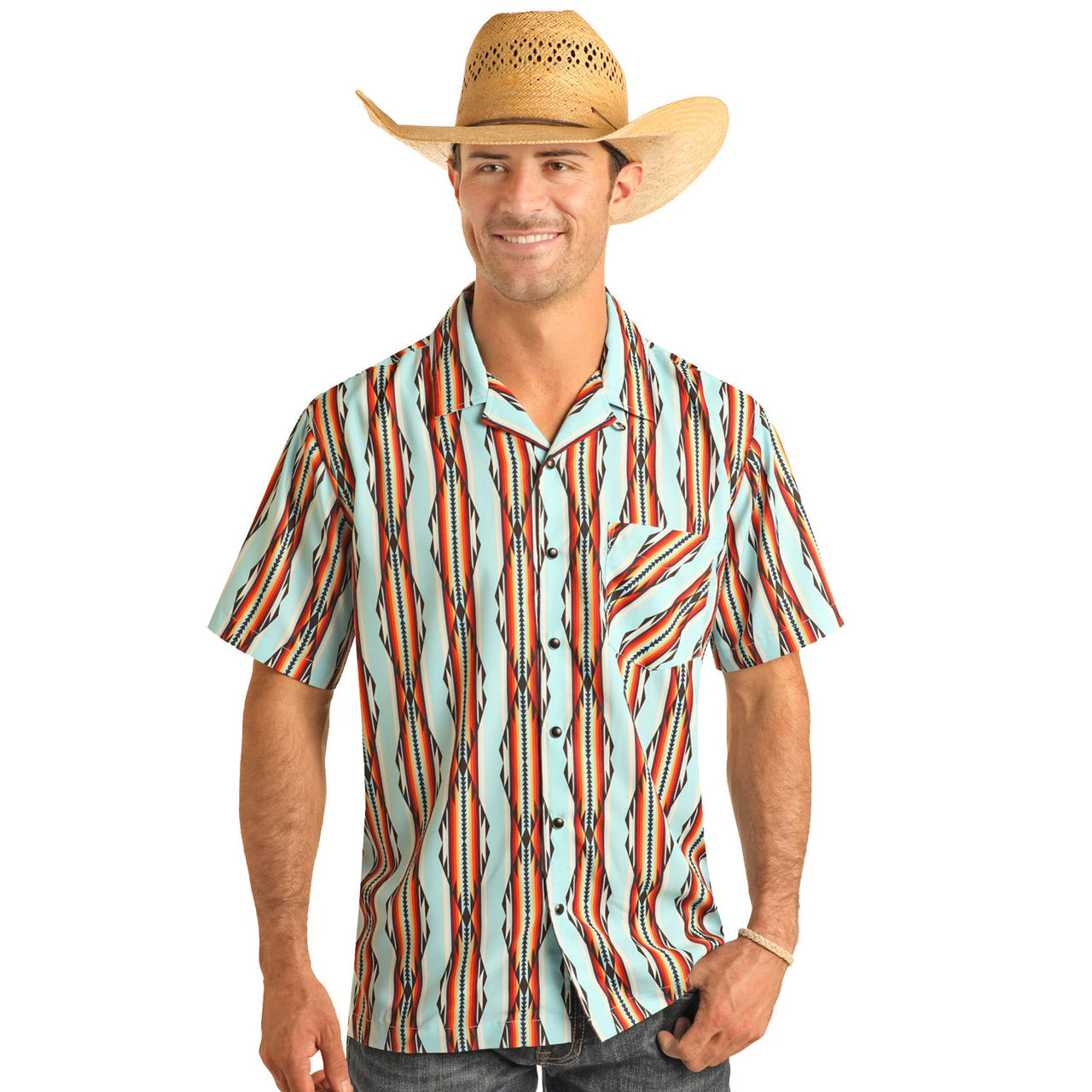 Rock & Roll Men's Short Sleeve Aztec Western Shirt - Bright Turquoise