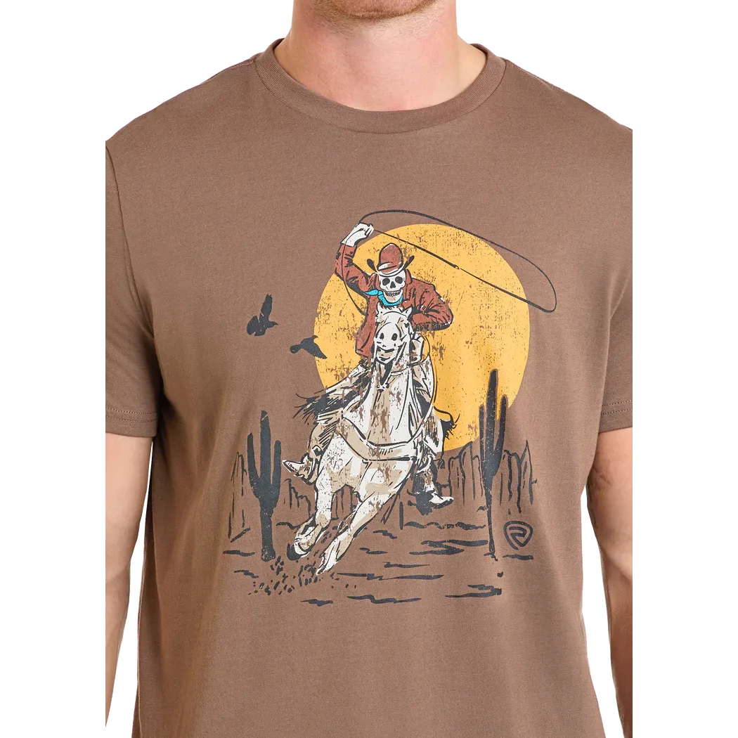 Rock & Roll Men's Skeleton Bronco Rider Graphic Short Sleeve Tee Shirt- Brown