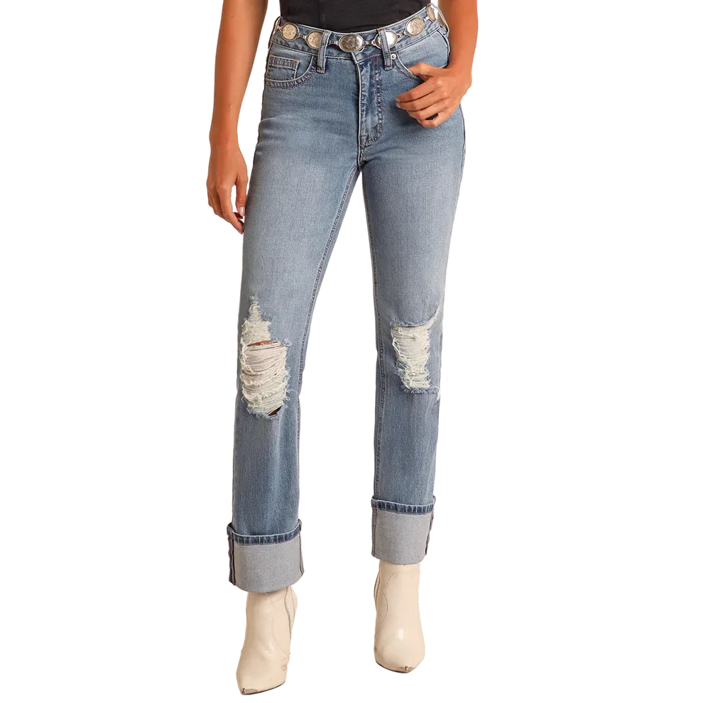 Rock & Roll Women's Distressed Modest Bootcut Jeans- Medium Wash
