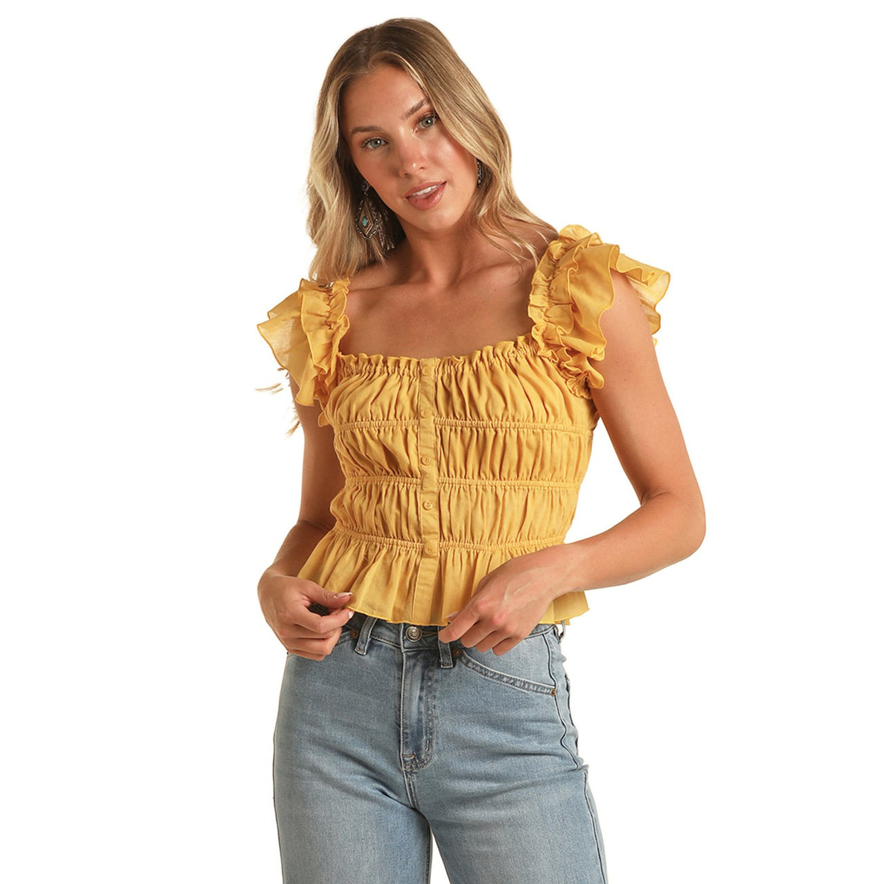 Rock & Roll Women's Ruched Crop Top - Mustard