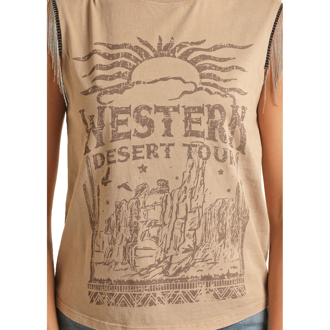 Rock & Roll Women's Chain Fringe Graphic Tank - Taupe