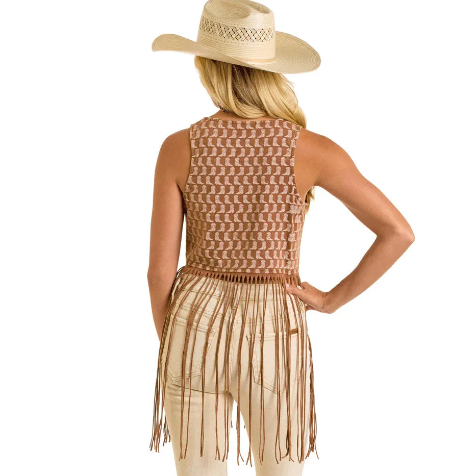 Rock & Roll Women's Sleeveless Boot Print Fringe Top- Brown