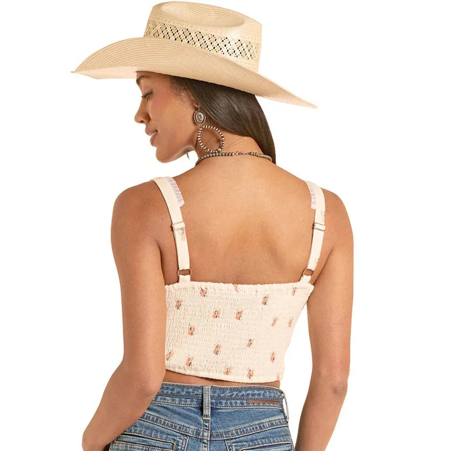 Rock & Roll Women's Flower Print Laced Corset Top - Natural