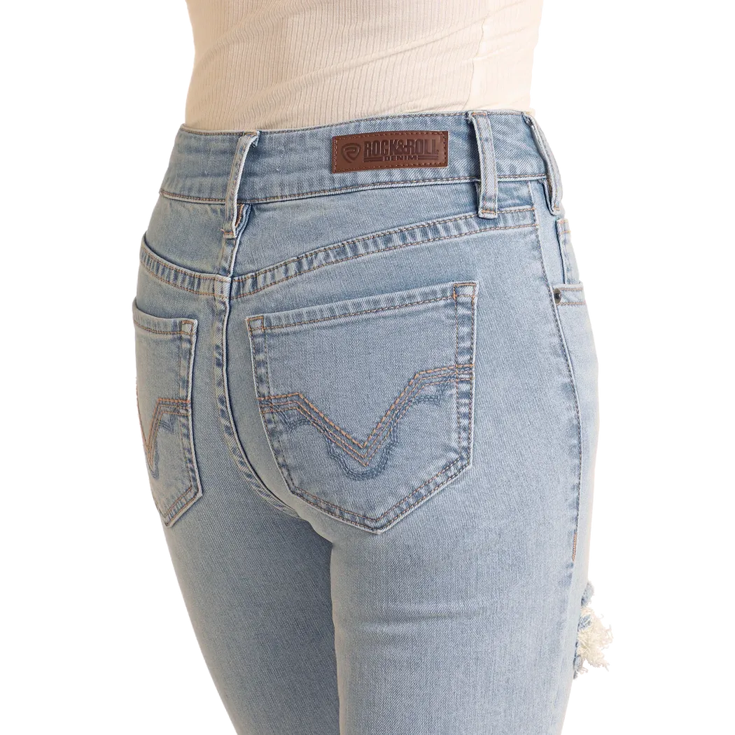 Rock & Roll Women's Distressed High Rise Boot Cut Jeans-Light Wash