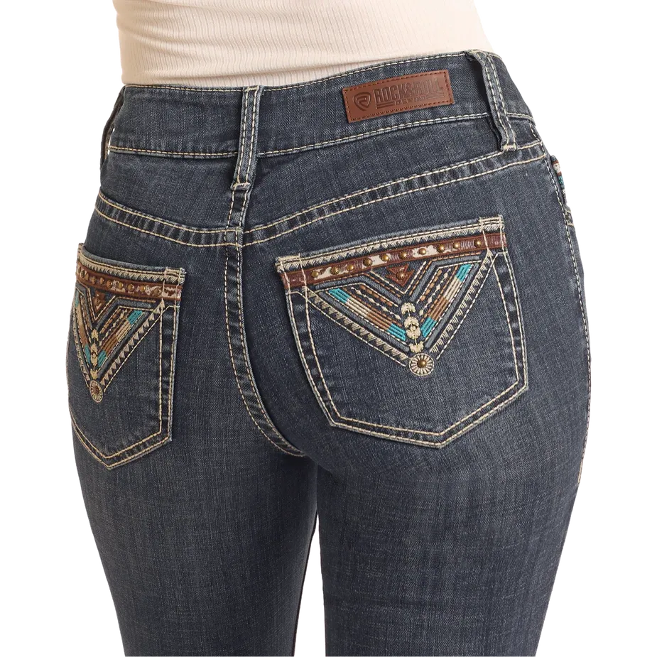Rock & Roll Women's Cowhide Embroidered Midrise Bootcut Jean-Dark Wash