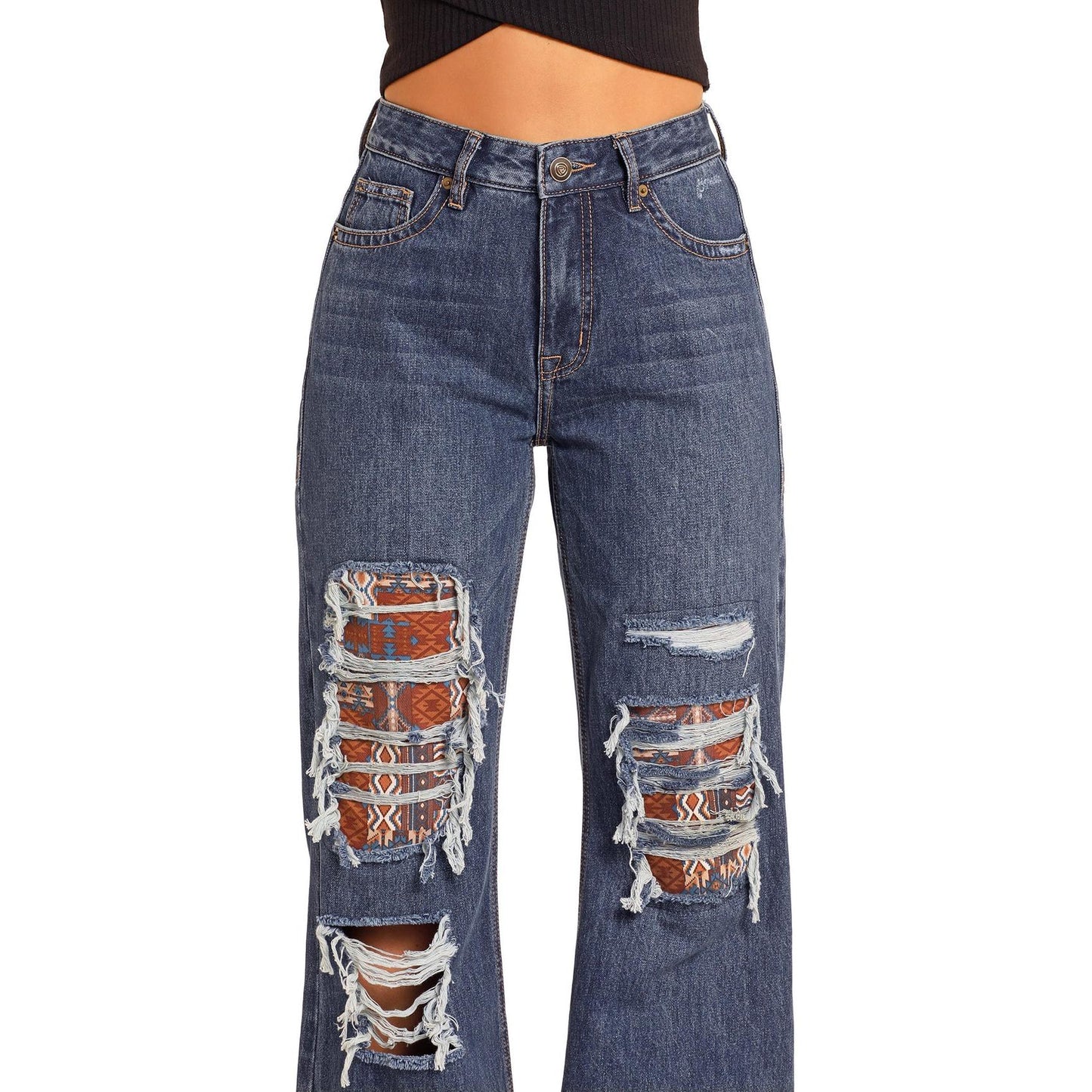 Rock & Roll Women's Patched Distressed Wide Flare Leg Jeans- Medium Wash