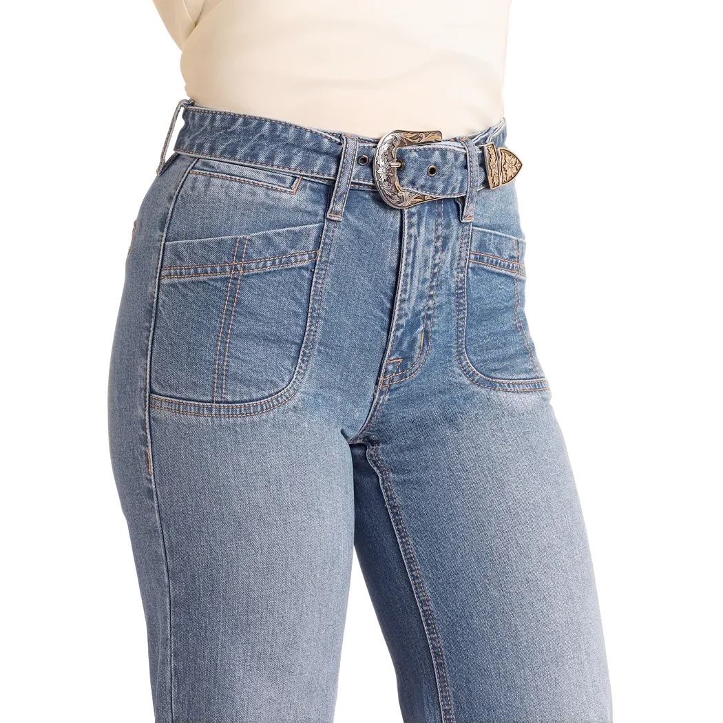 Rock & Roll Women's Relaxed Belted Flare Jean- Medium Wash