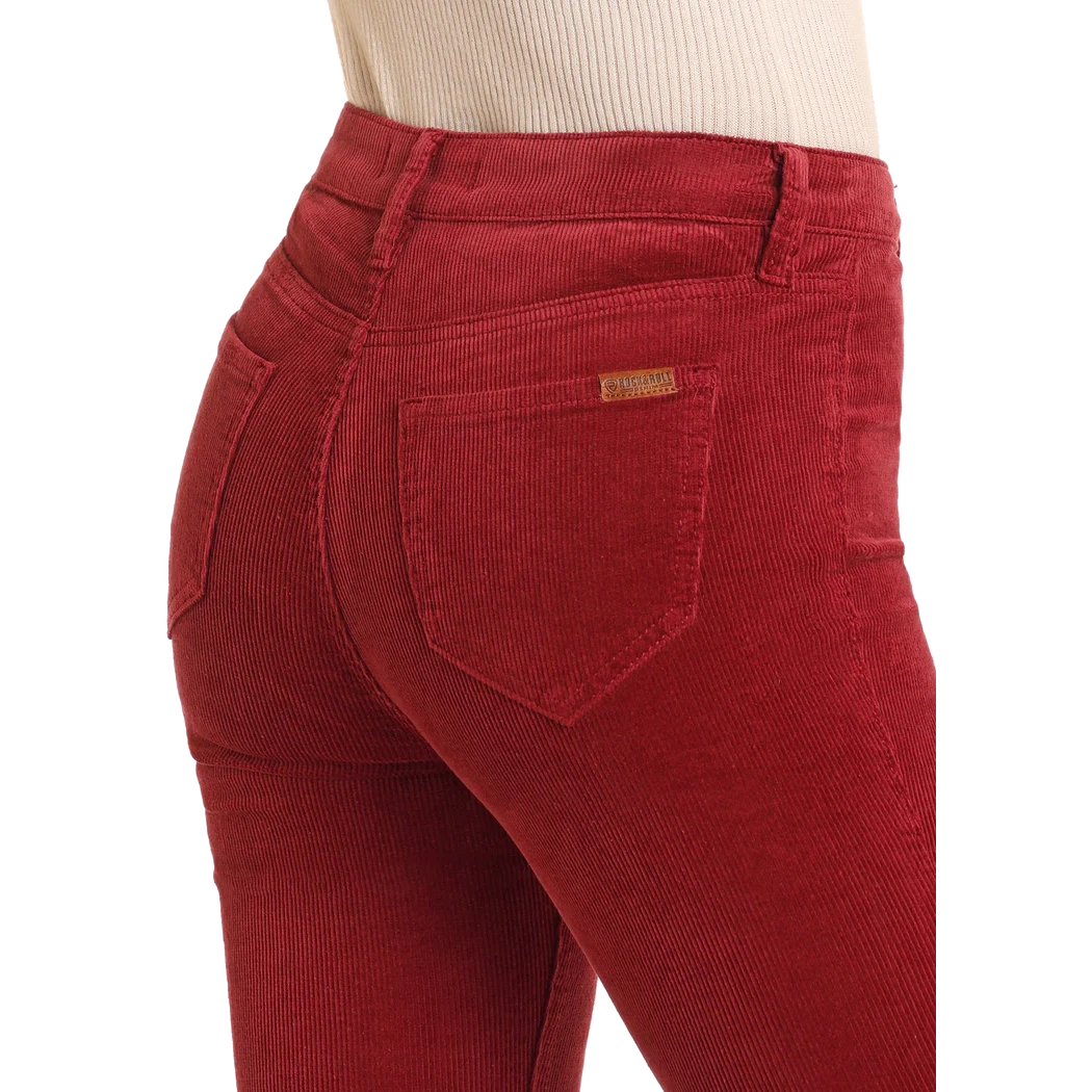 Rock & Roll Women's Maroon Corduroy Button Flare Jeans - Red