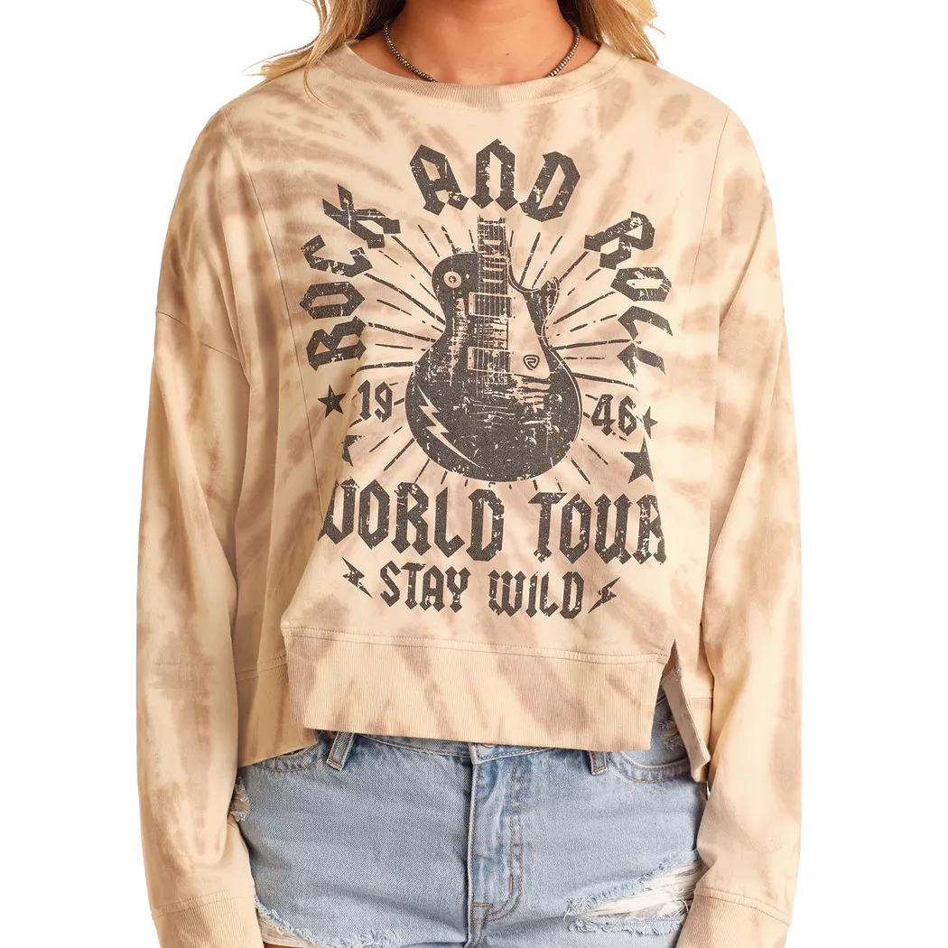 Rock & Roll Women's Long Sleeve Tie Die Pullover- Taupe