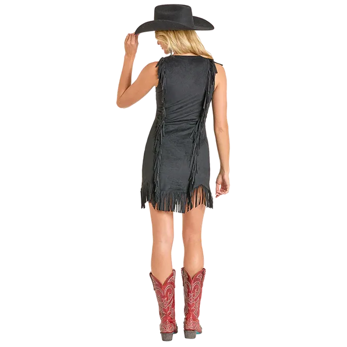 Rock & Roll Women's Microsuede Dress with Fringe - Black