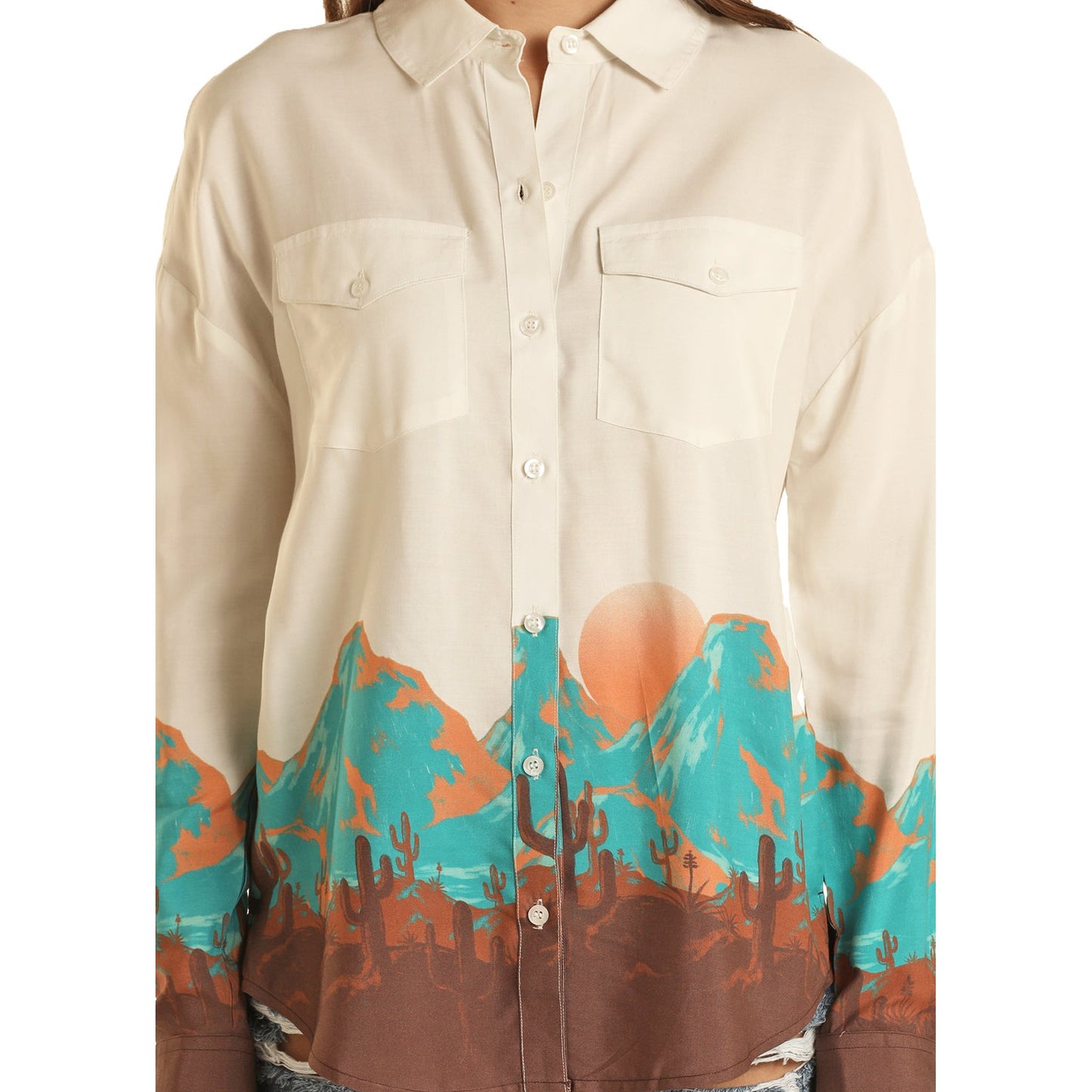 Rock & Roll Women's Desert Scenery Boyfriend Shirt - Natural