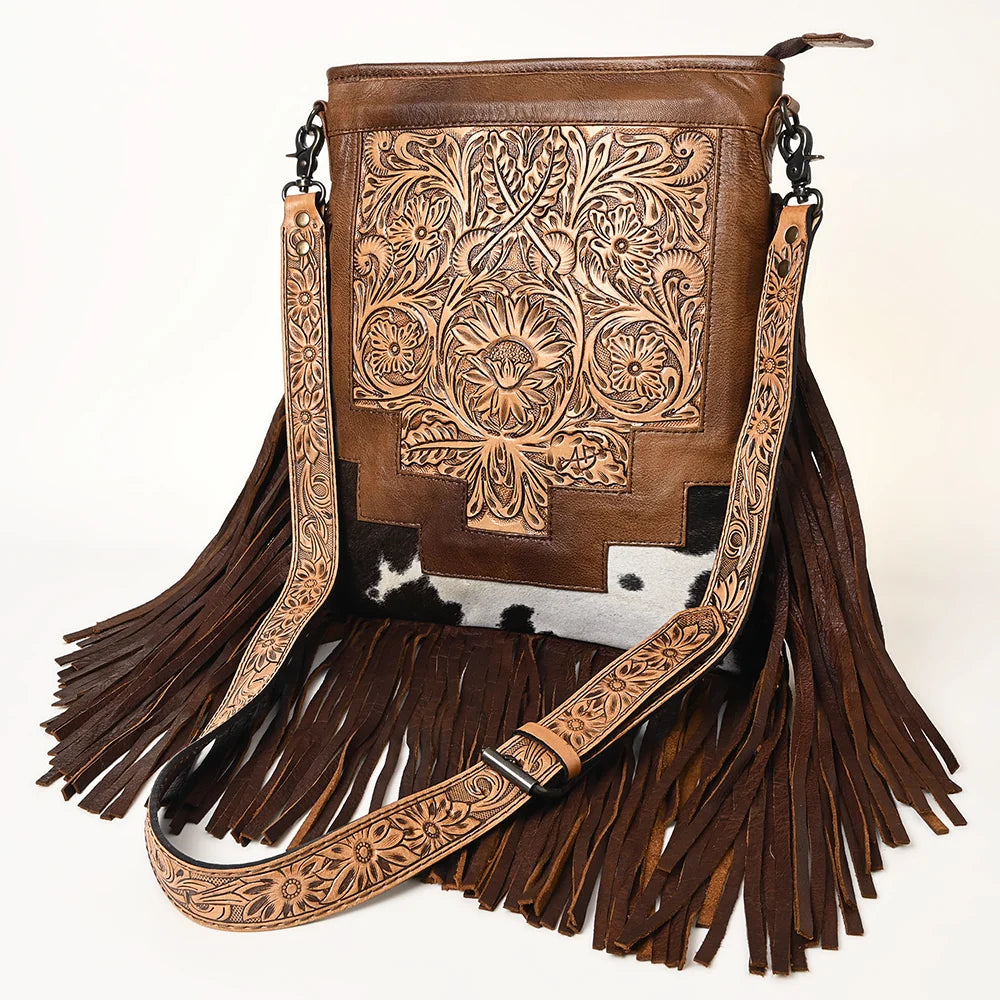 American Darling Western Hand Tooled Floral Leather & Hair-On Cowhide Purse