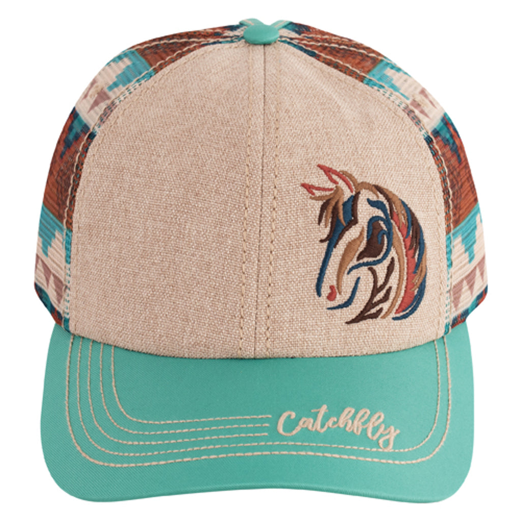Catchfly Women's Embroidered Horse Head Baseball Cap - Beige/Turquoise