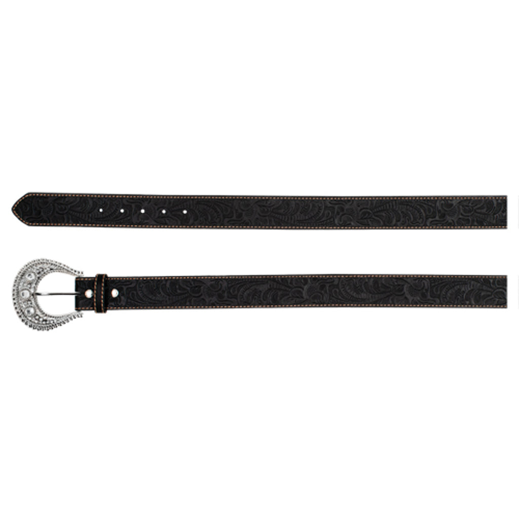 Catchfly Women's Tooled with Rhinestone Buckle Belt - Black