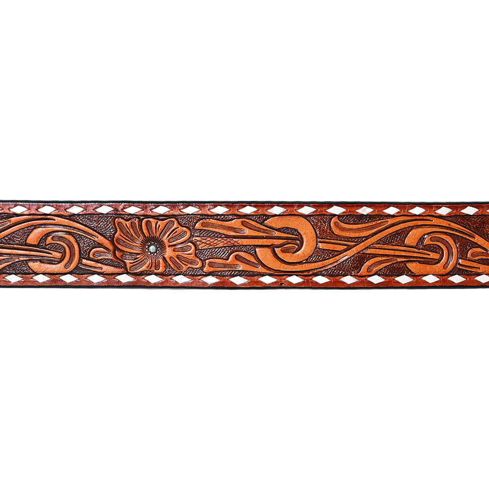 American Darling Hand Tooled Western Leather Belt Floral Swirl with White Diamond Border - Brown