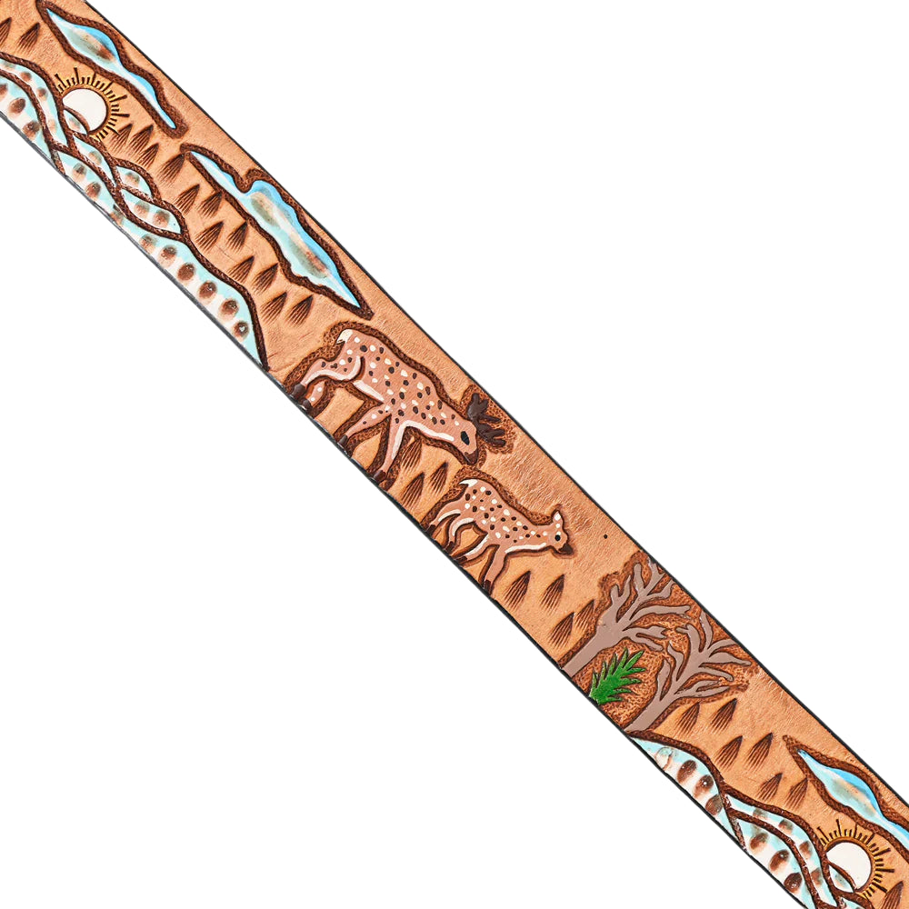 American Darling Tooled Leather Western Belt - Deer & Wilderness Landscape - Tan