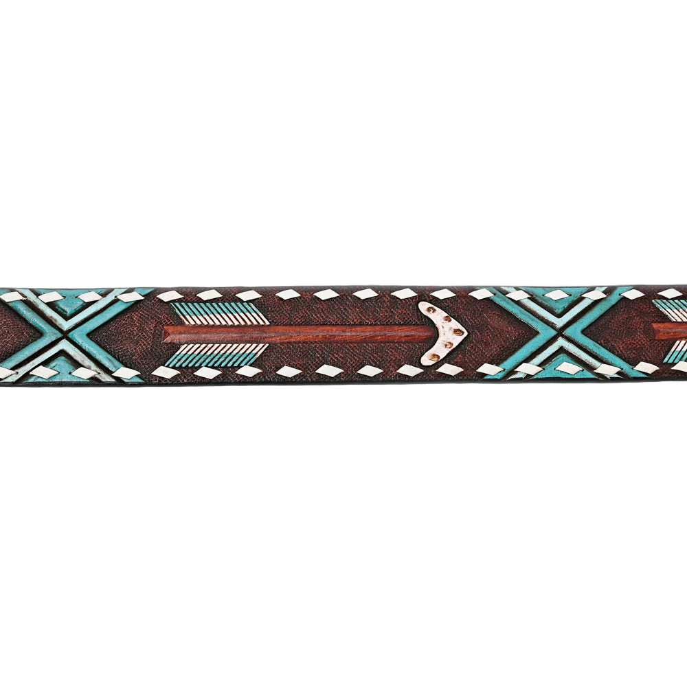 American Darling Hand Tooled Arrow & Tribal Pattern Western Leather Belt - Rustic Brown/Turquoise