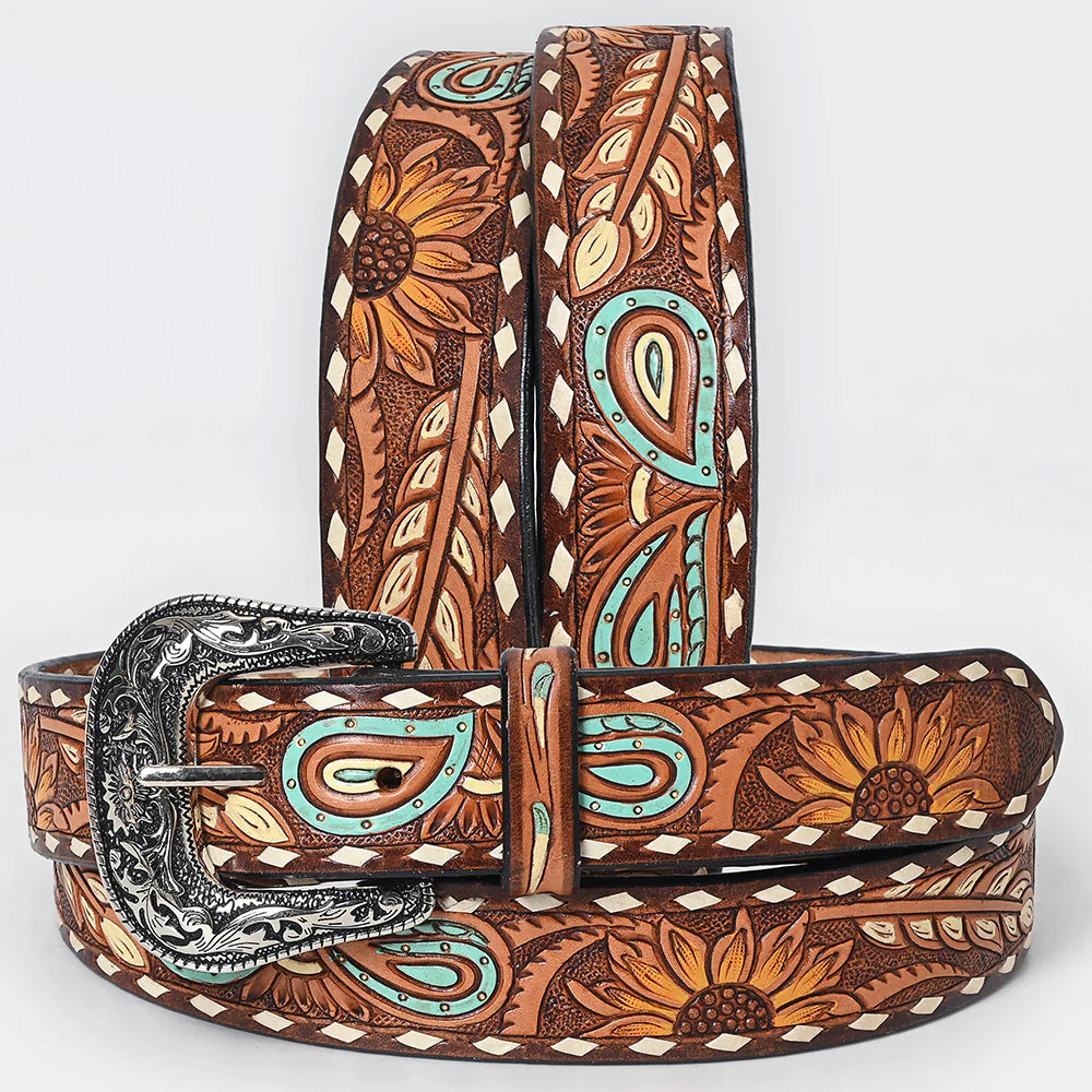 American Darling Unisex Sunflower & Paisley Accent Tooled Western Belt - Brown/Turquoise