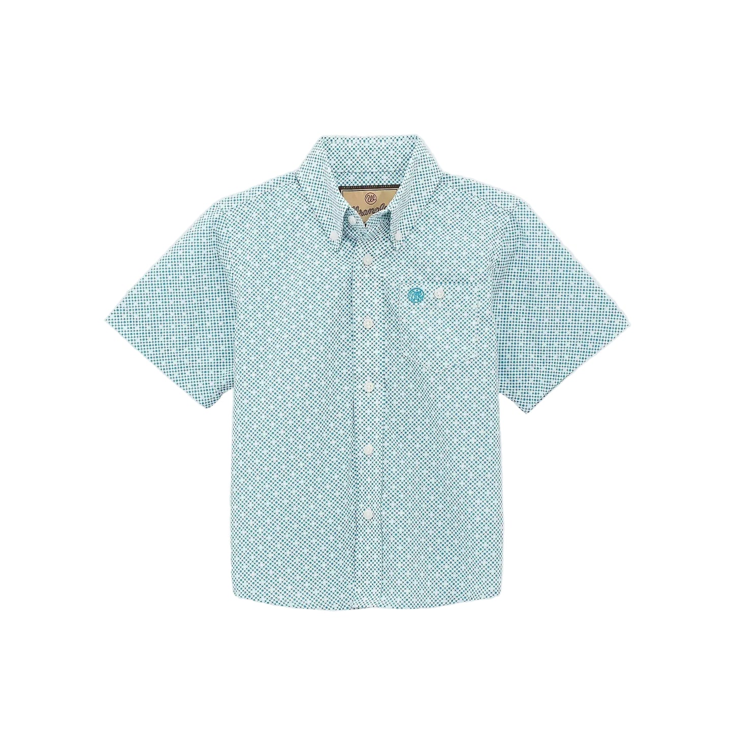Wrangler® Boy's Classic Short Sleeve Button Down Print Shirt - Teal Geo