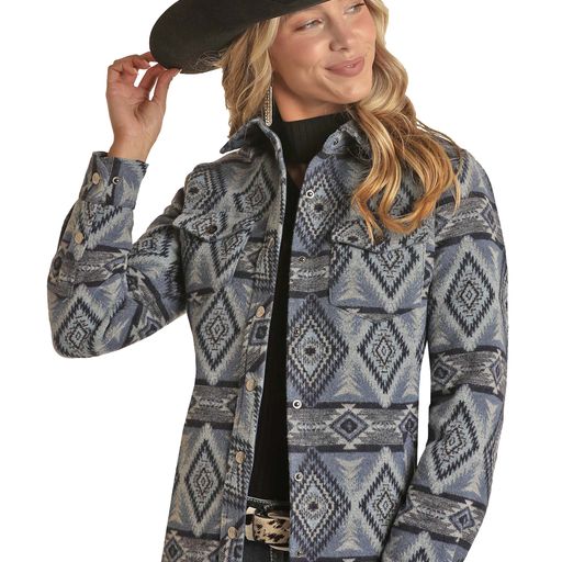 Rock & Roll Women's Aztec Wool Shirt Jacket - Light Navy