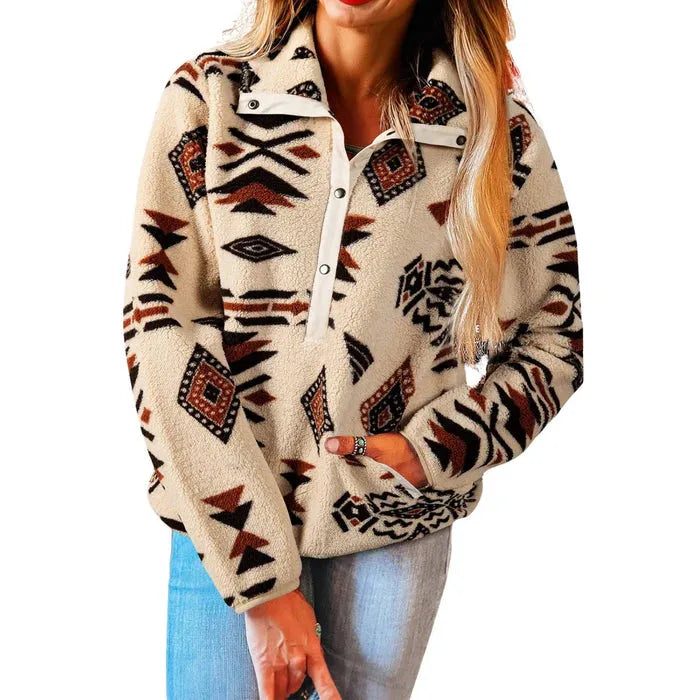 El Paso Women's Fleece Buttoned LS Pullover 1 - Cream/Black