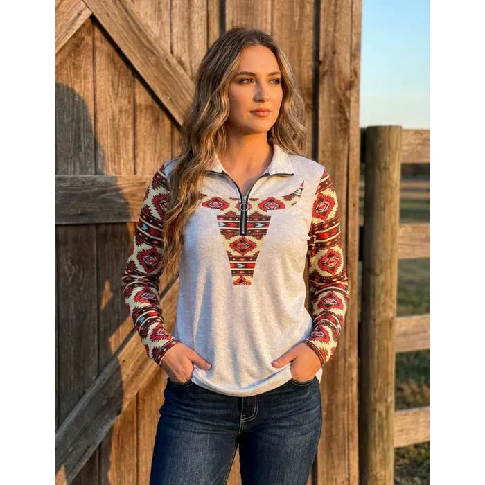 El Paso Women's Lightweight 1/2 Zip Aztec Pullover - Cream