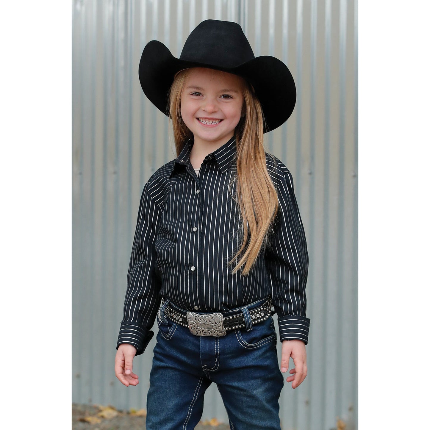 Cinch Girl's Long Sleeve Button-Down Striped Shirt - Black
