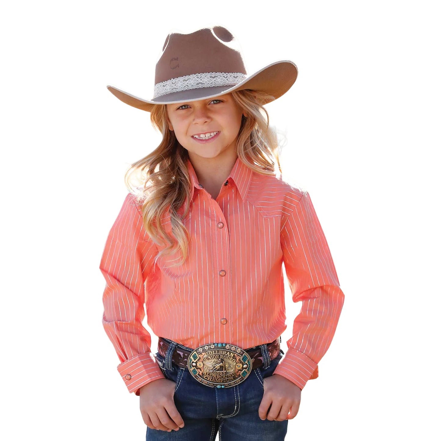 Cinch Girl's Stripe Snap Button Down Long Sleeve Shirt- Coral