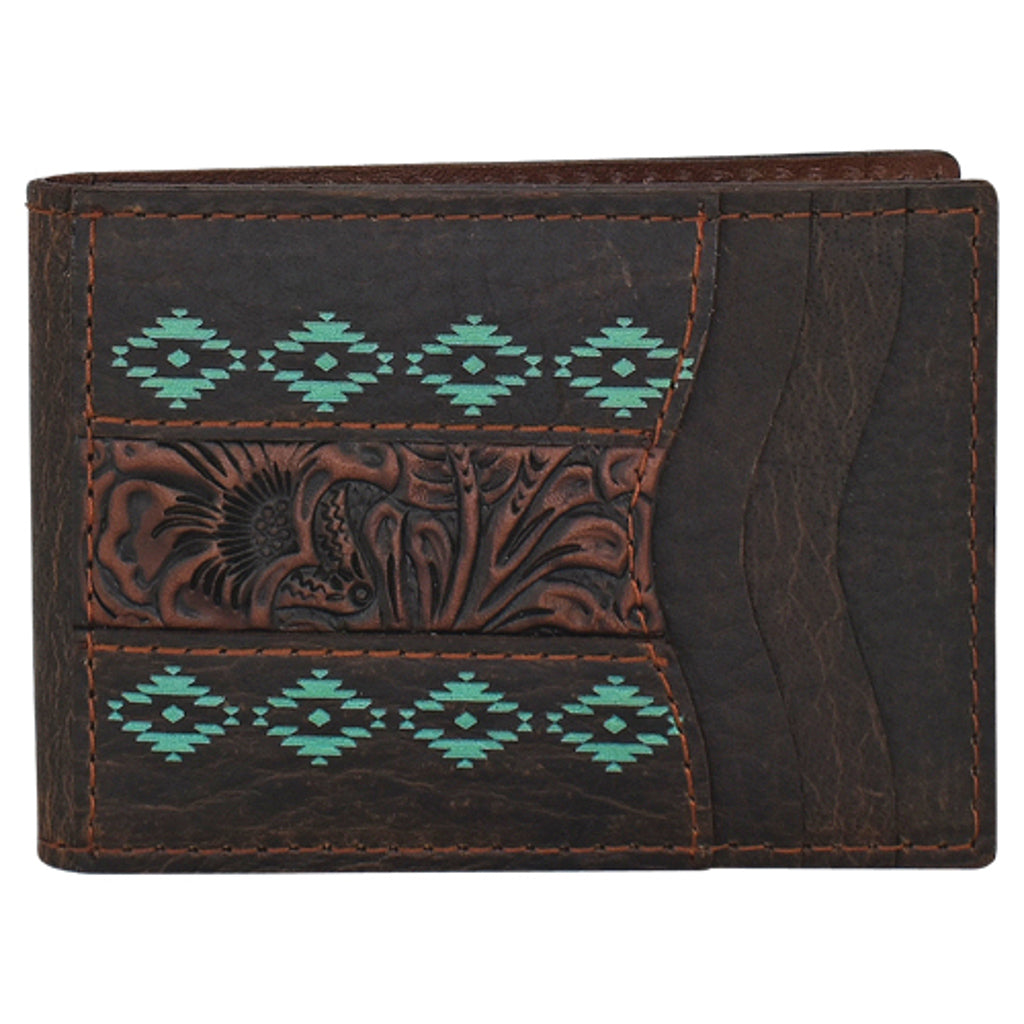 Red Dirt Men's Tooled Accent with Turquoise Design Bifold Card Case - Dark Brown