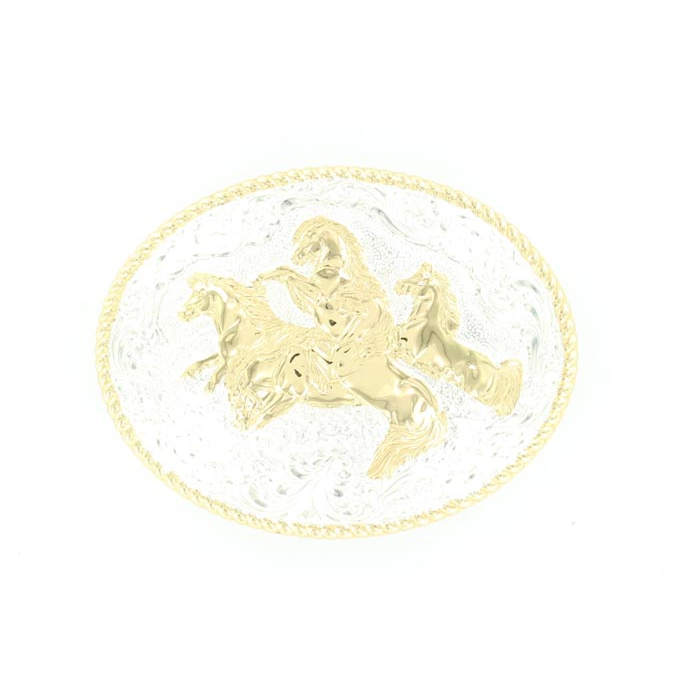 Crumrine Wild Horses Oval Buckle - Shiny Silver & Bronze