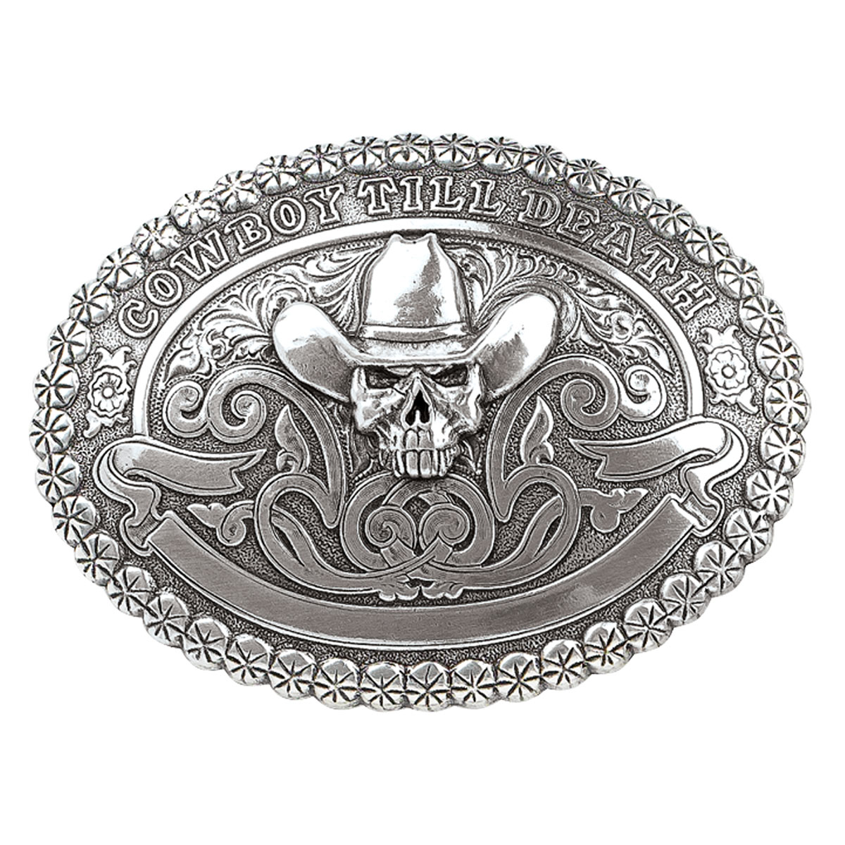 Crumrine Oval Vintage Skull Cowboy Buckle - Silver