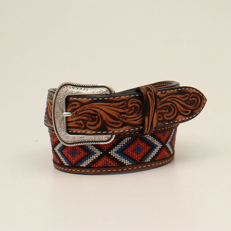 3D Men's Tooled Beaded Inlay Belt - Tan