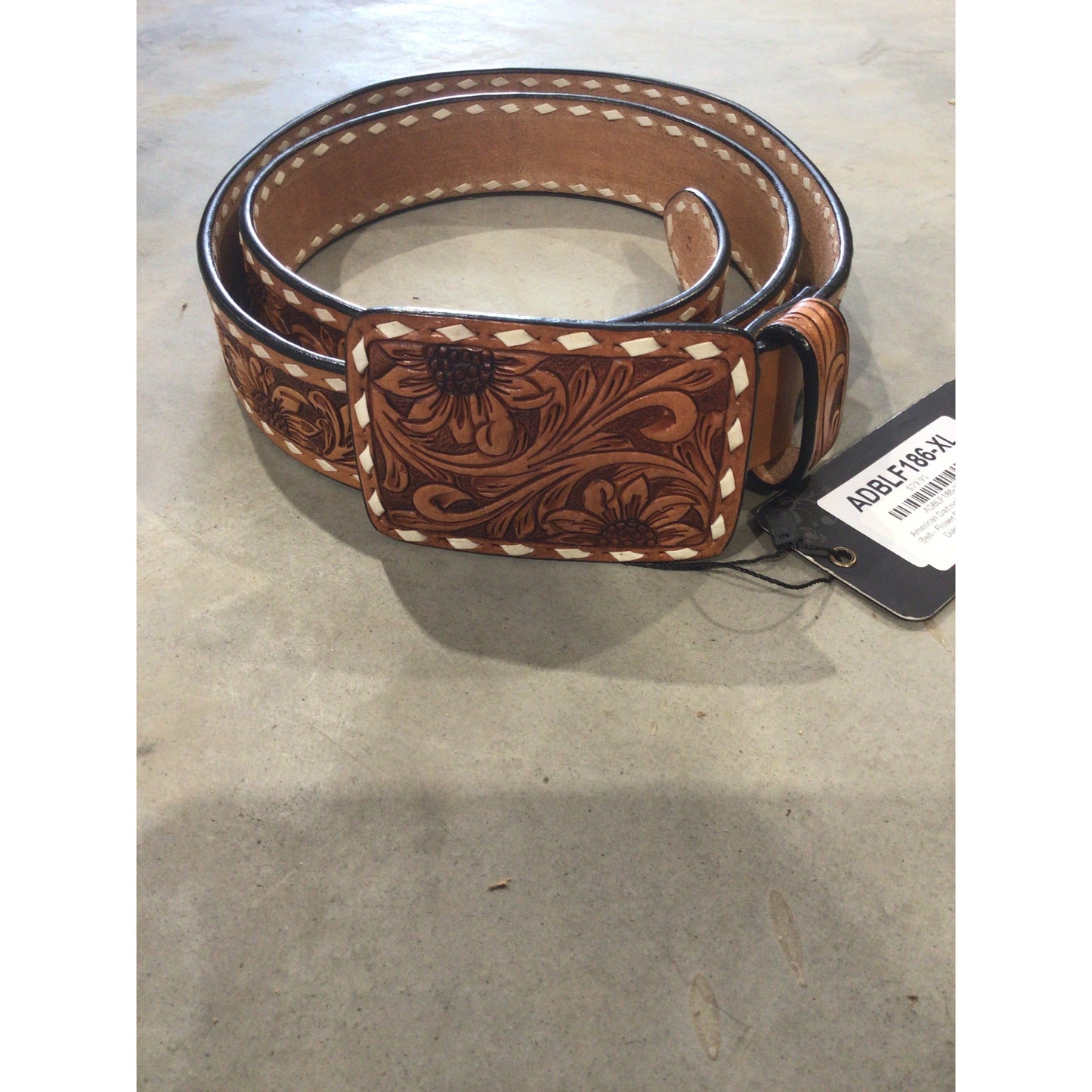 American Darling Tooled Leather Belt - Flower Filigree w/Turquoise Diamonds